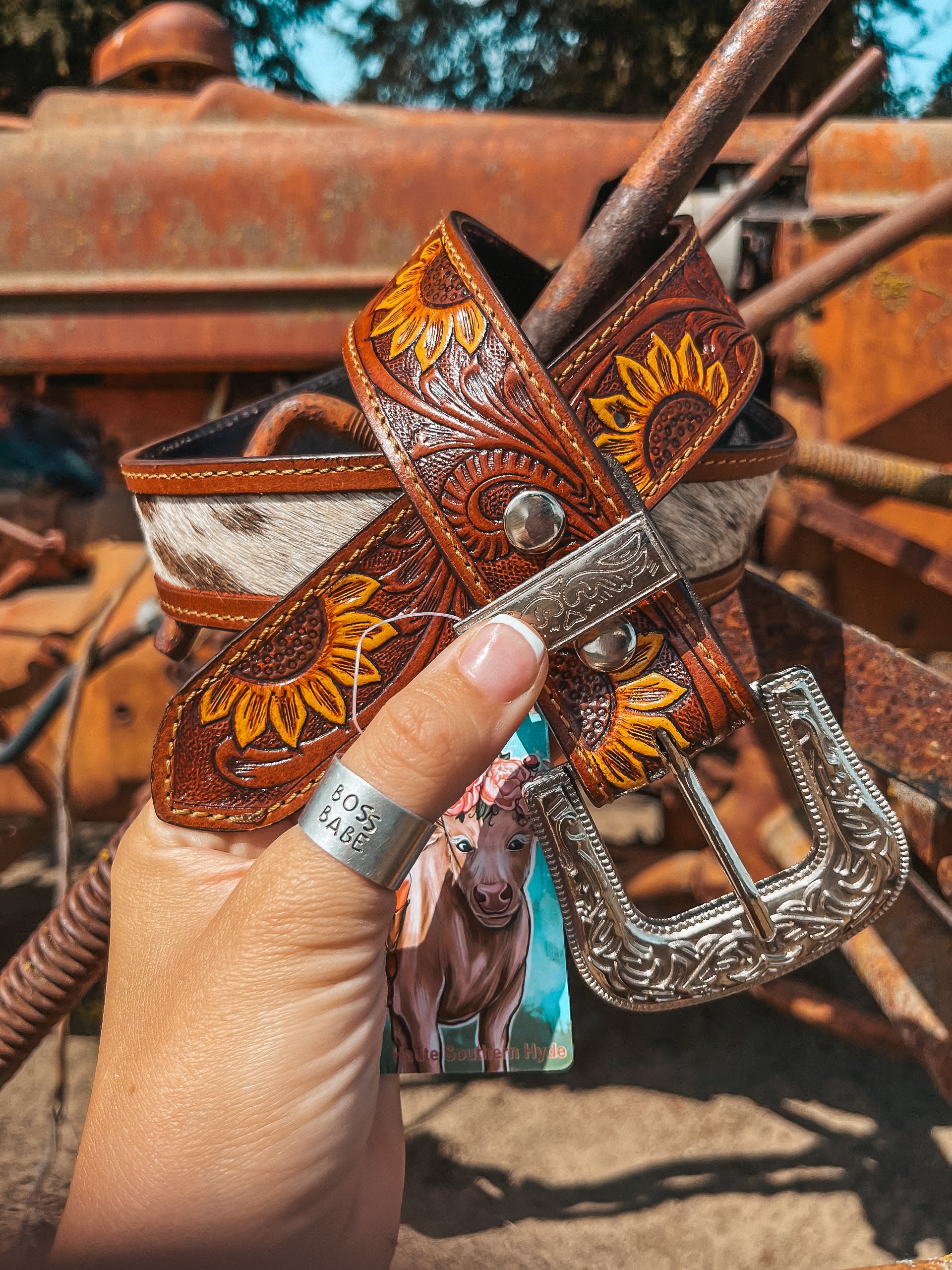 1521 Ladies Leather Belt, Multicolor Serape Fabric Center, Copper Studs & Hand-Painted Floral Design Women main image 3