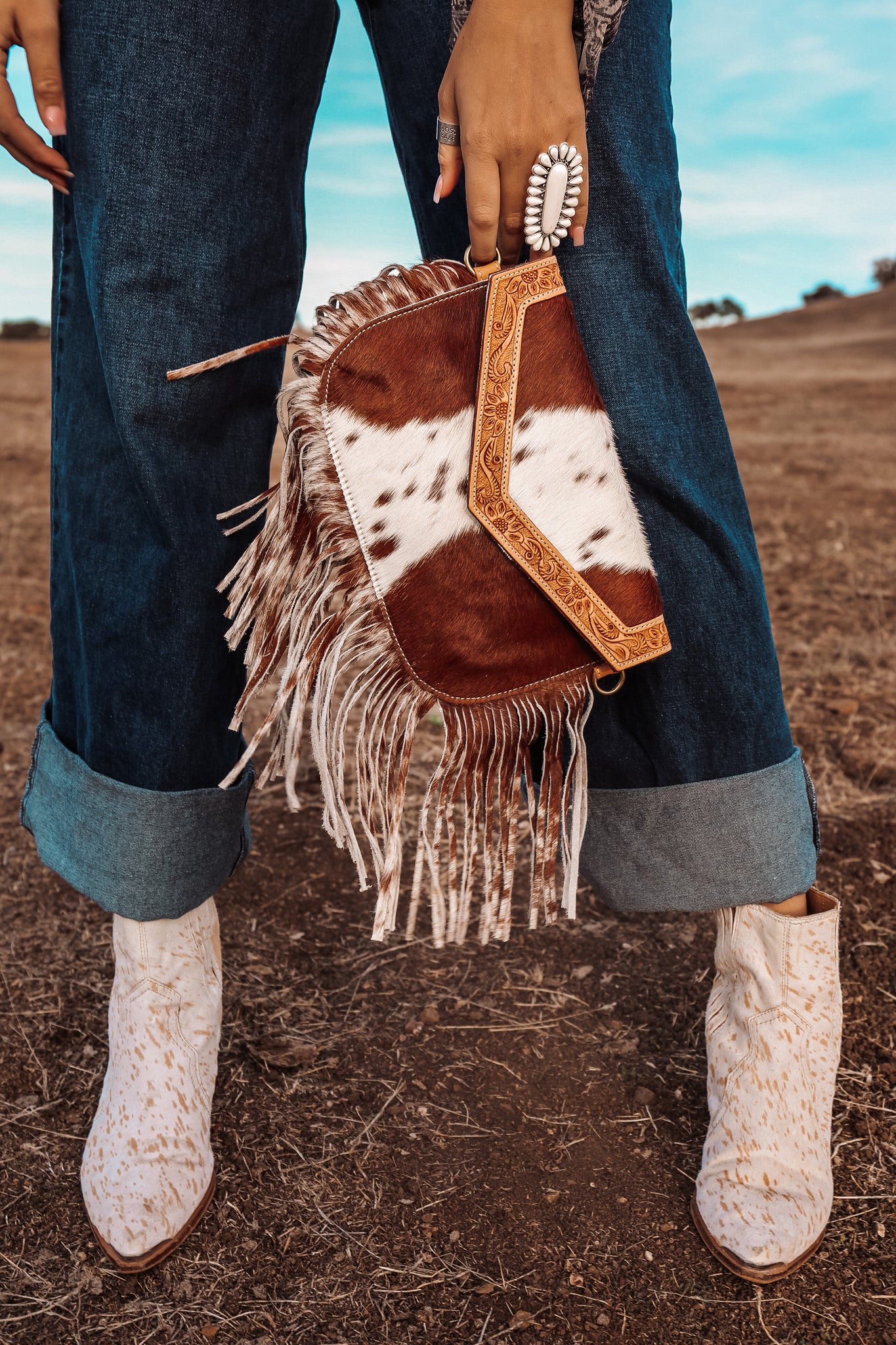 Ships Today Acid Wash Cowhide Leopard and Fringe Bag