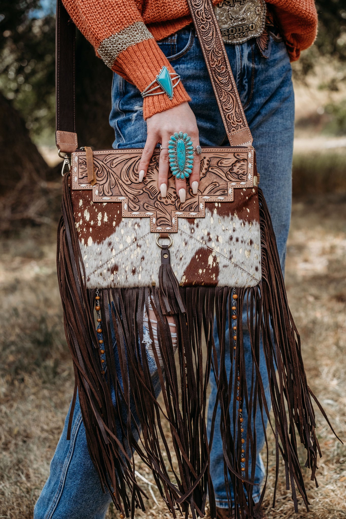 Cowhide Crossbody Western Messenger Bag Purse With Fringes 